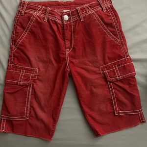 True Religion Red Cargo Shorts with Corduroy Texture